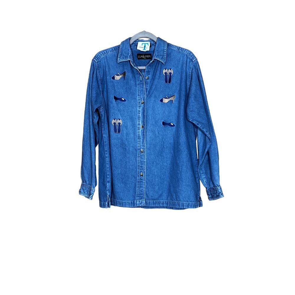 Vintage Luna Pier women's size large denim shirt with shoes button-up